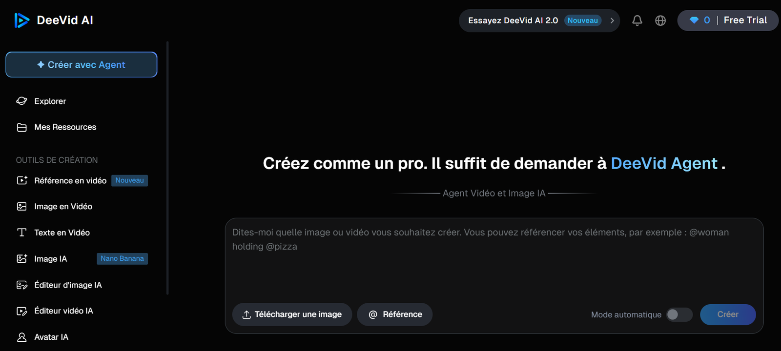 Deevid AI home screen with the DeeVid Agent prompt box